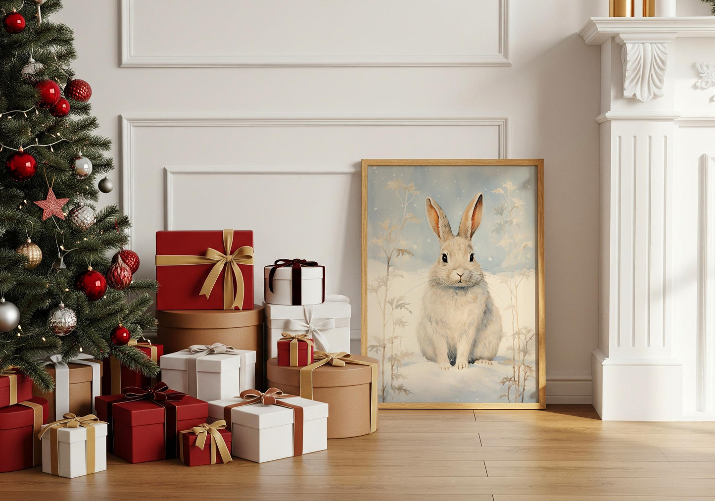 Hase Winter Poster · Niedliches Tierbild im Schnee · Geschenkidee · Skandinavische Weihnachtsdeko · Dekoprint ohne Rahmen