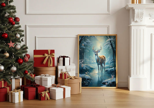 Hirsch Winter Poster · Geschenkidee für Weihnachtsliebhaber · Magischer Wald Schnee Hirsch · Dekoprint ohne Rahmen