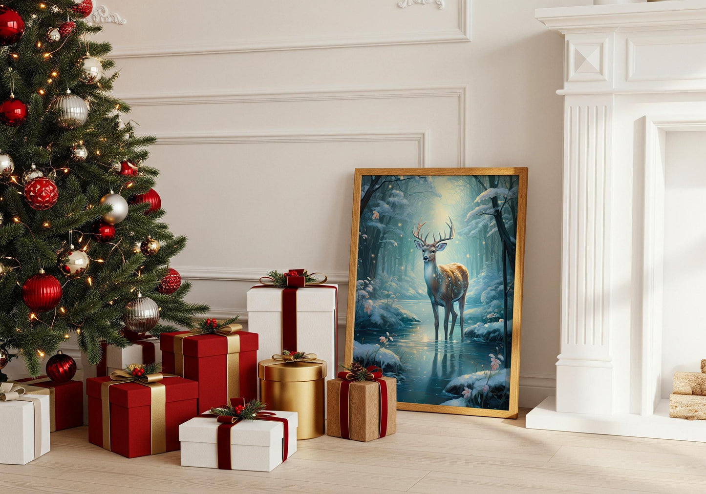 Hirsch Winter Poster · Geschenkidee für Weihnachtsliebhaber · Magischer Wald Schnee Hirsch · Dekoprint ohne Rahmen