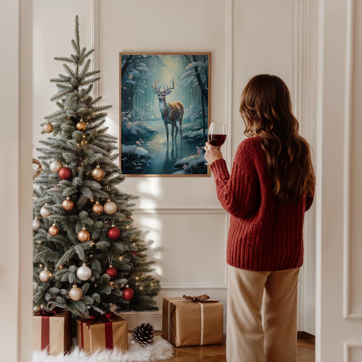 Hirsch Winter Poster · Geschenkidee für Weihnachtsliebhaber · Magischer Wald Schnee Hirsch · Dekoprint ohne Rahmen