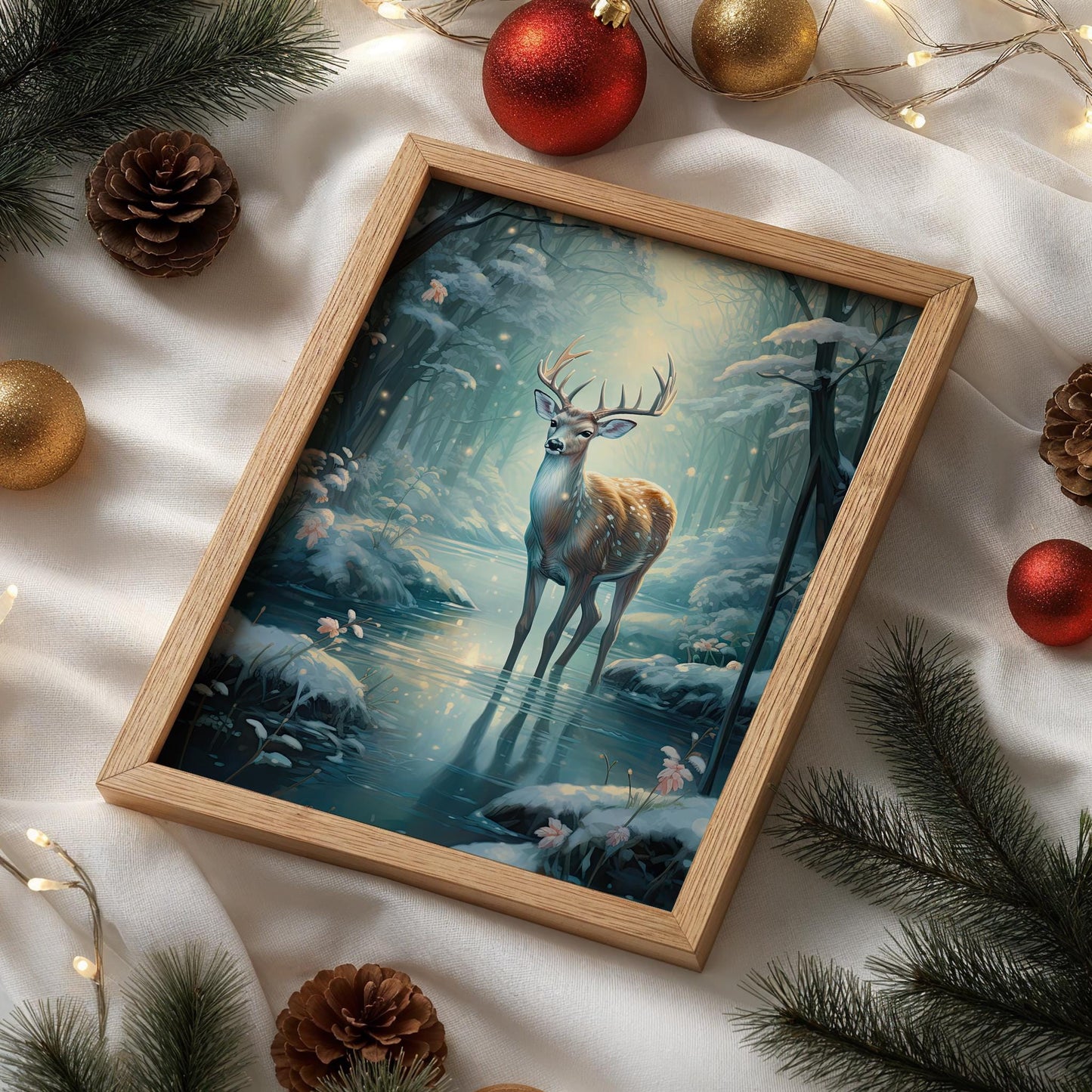 Hirsch Winter Poster · Geschenkidee für Weihnachtsliebhaber · Magischer Wald Schnee Hirsch · Dekoprint ohne Rahmen