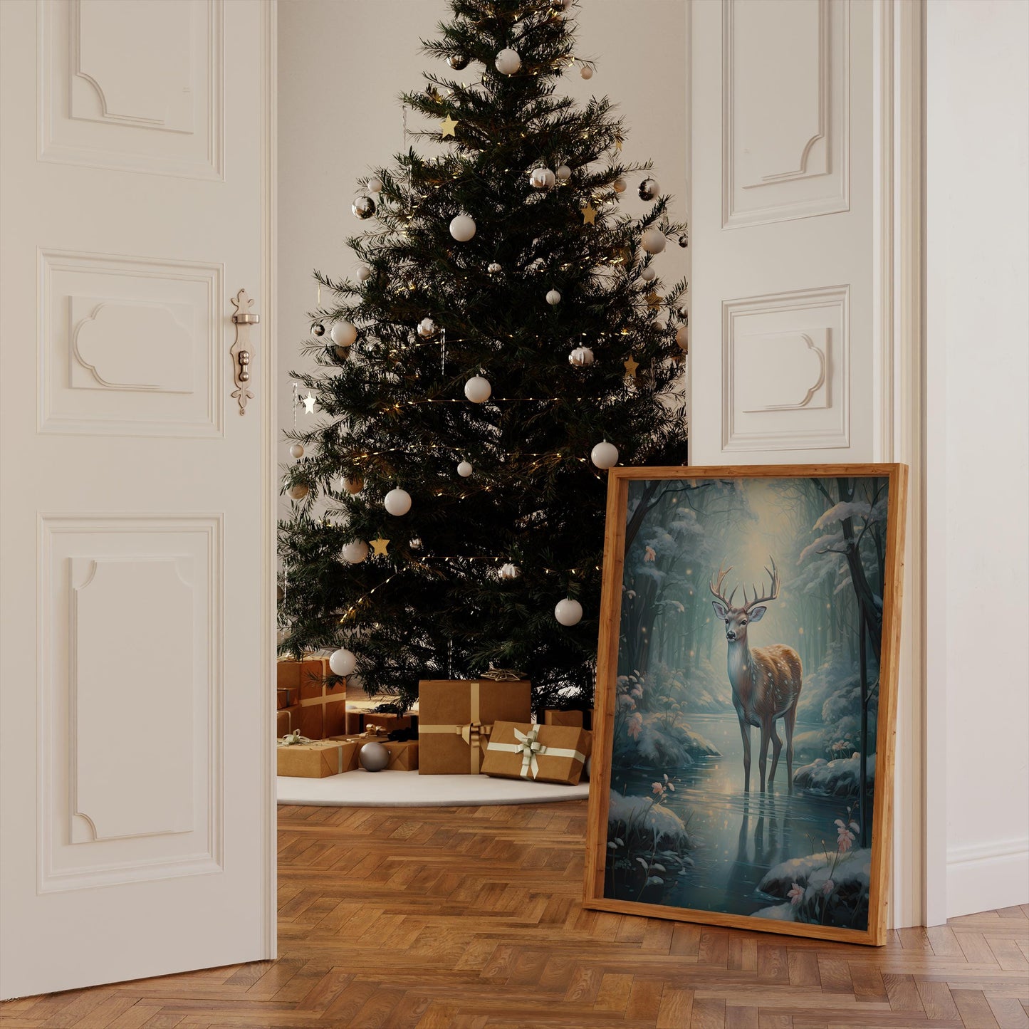 Hirsch Winter Poster · Geschenkidee für Weihnachtsliebhaber · Magischer Wald Schnee Hirsch · Dekoprint ohne Rahmen