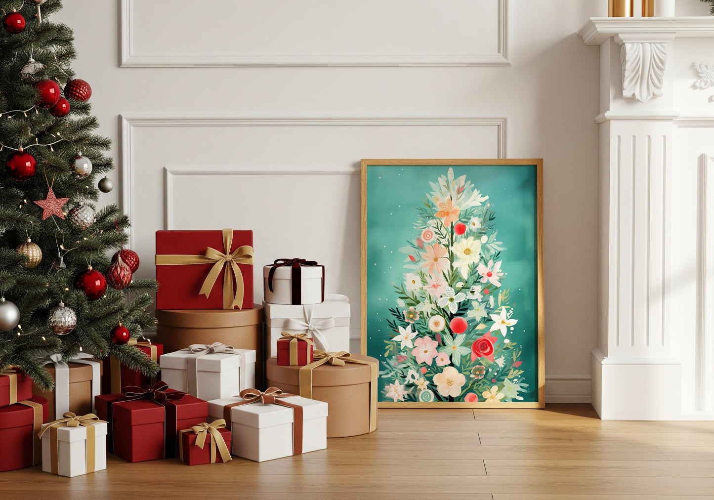 Blumen Weihnachtsbaum Poster · Winter Stadtbild Wanddeko · Geschenkidee · Festliche Weihnachtskunst · Dekoprint ohne Rahmen