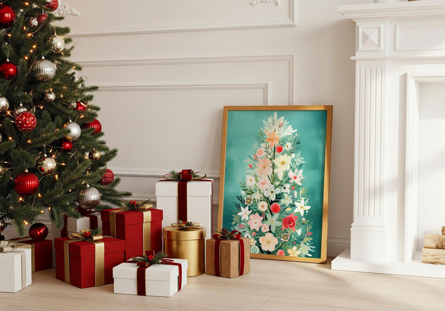 Blumen Weihnachtsbaum Poster · Winter Stadtbild Wanddeko · Geschenkidee · Festliche Weihnachtskunst · Dekoprint ohne Rahmen