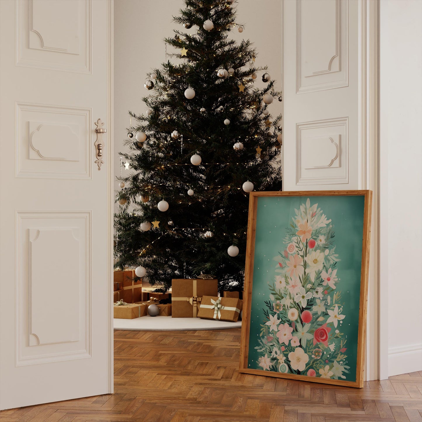 Blumen Weihnachtsbaum Poster · Winter Stadtbild Wanddeko · Geschenkidee · Festliche Weihnachtskunst · Dekoprint ohne Rahmen