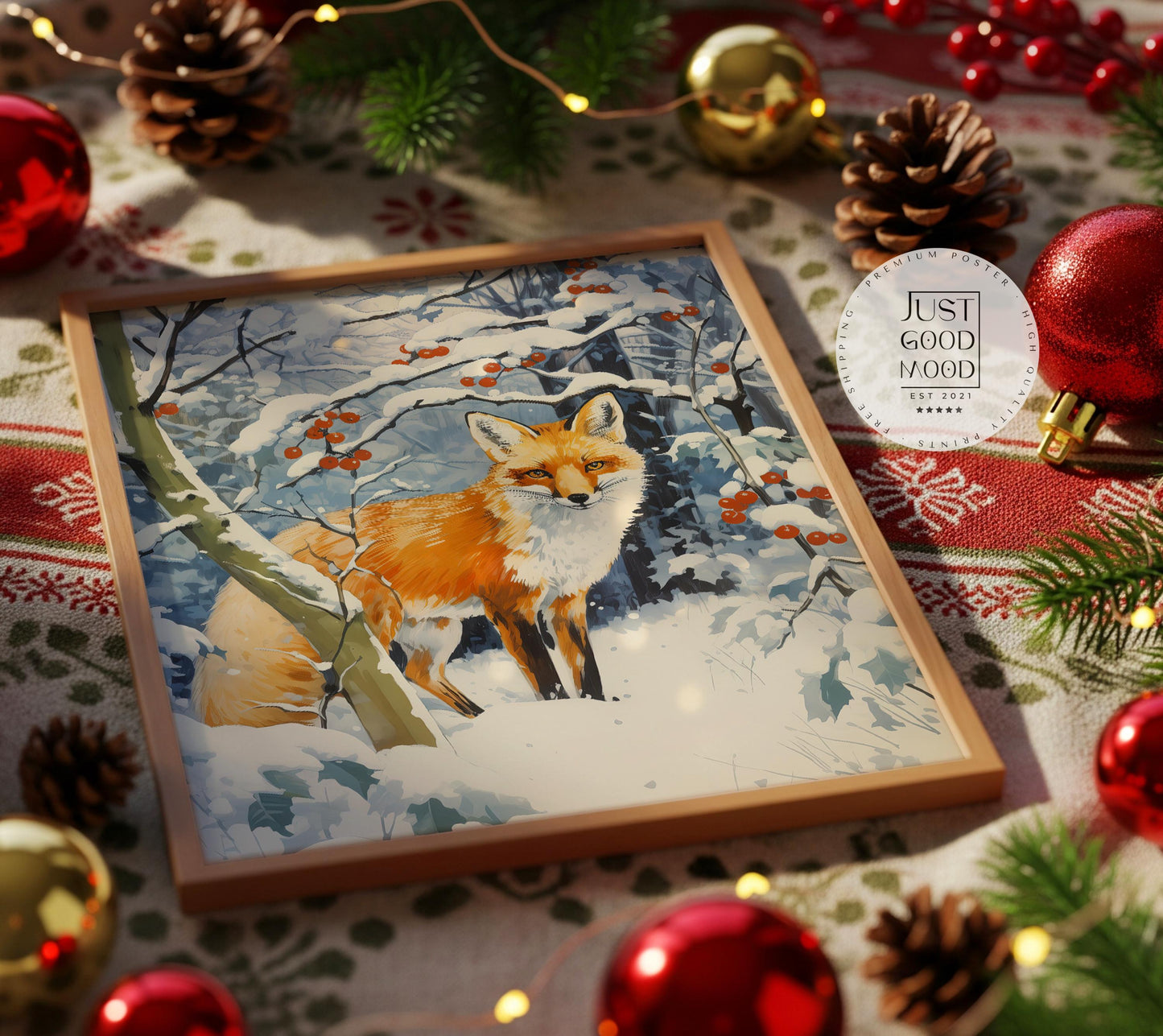 Fuchs im Winterwald Poster · Niedliches Tierbild im Schnee · Geschenkidee · Skandinavische Weihnachtsdeko · Dekoprint ohne Rahmen