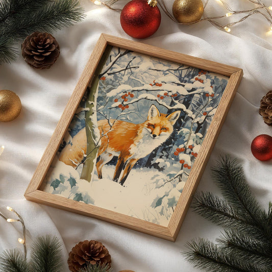 Fuchs im Winterwald Poster · Niedliches Tierbild im Schnee · Geschenkidee · Skandinavische Weihnachtsdeko · Dekoprint ohne Rahmen