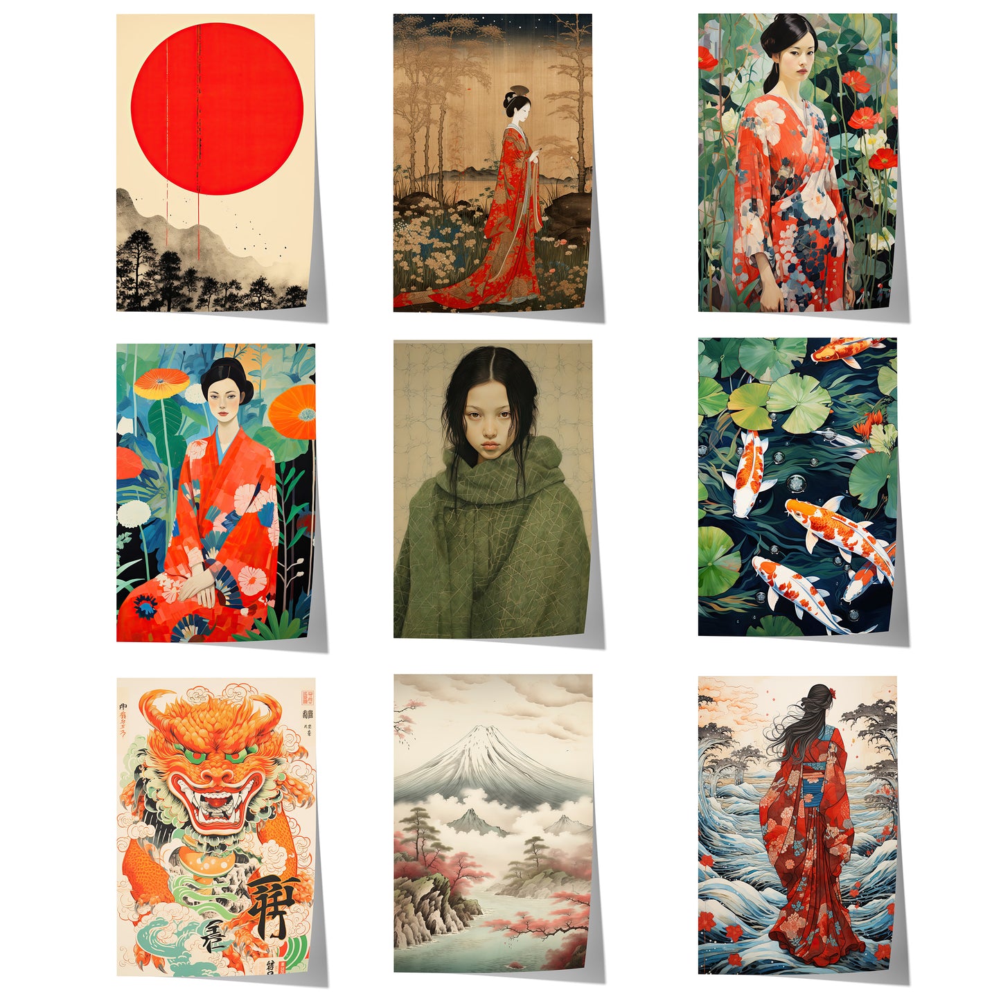 Japanisches Poster mit Geisha-Porträts, Koi-Karpfen, roter Sonne, Drachenmotiv, Mount Fuji und traditioneller asiatischer Landschaftskunst