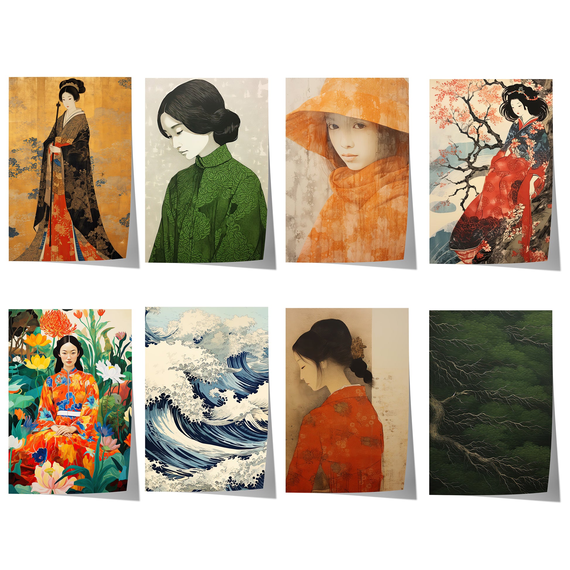 Japanisches Poster mit eleganten Geisha-Porträts, traditionellen Kimonos, Hokusai-Wellen, japanischer Natur und minimalistischer Zen-Ästhetik.