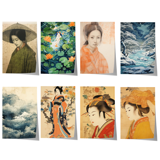 Japanisches Poster mit klassischen Geisha-Porträts, Ukiyo-e-inspirierten Wellen, Lotusmotiv, verschneiter Landschaft und traditioneller japanischer Kunst.