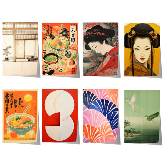 Japanisches Poster mit Geisha-Porträts, Zen-Innenraum, Vintage-Ramen-Illustrationen, abstrakten Formen, Fächerdesign und Kranichen im japanischen Stil.