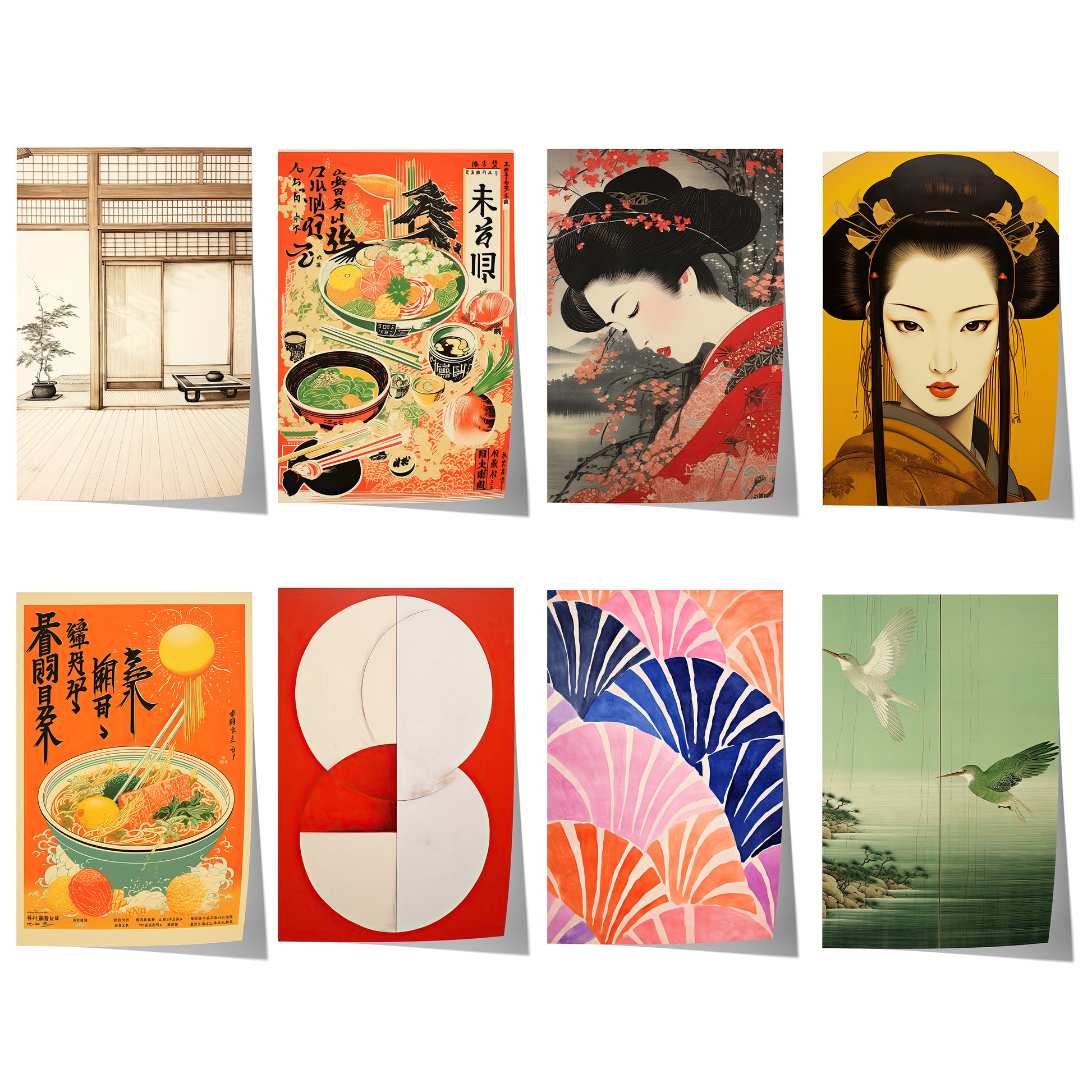 Japanisches Poster mit Geisha-Porträts, Zen-Innenraum, Vintage-Ramen-Illustrationen, abstrakten Formen, Fächerdesign und Kranichen im japanischen Stil.