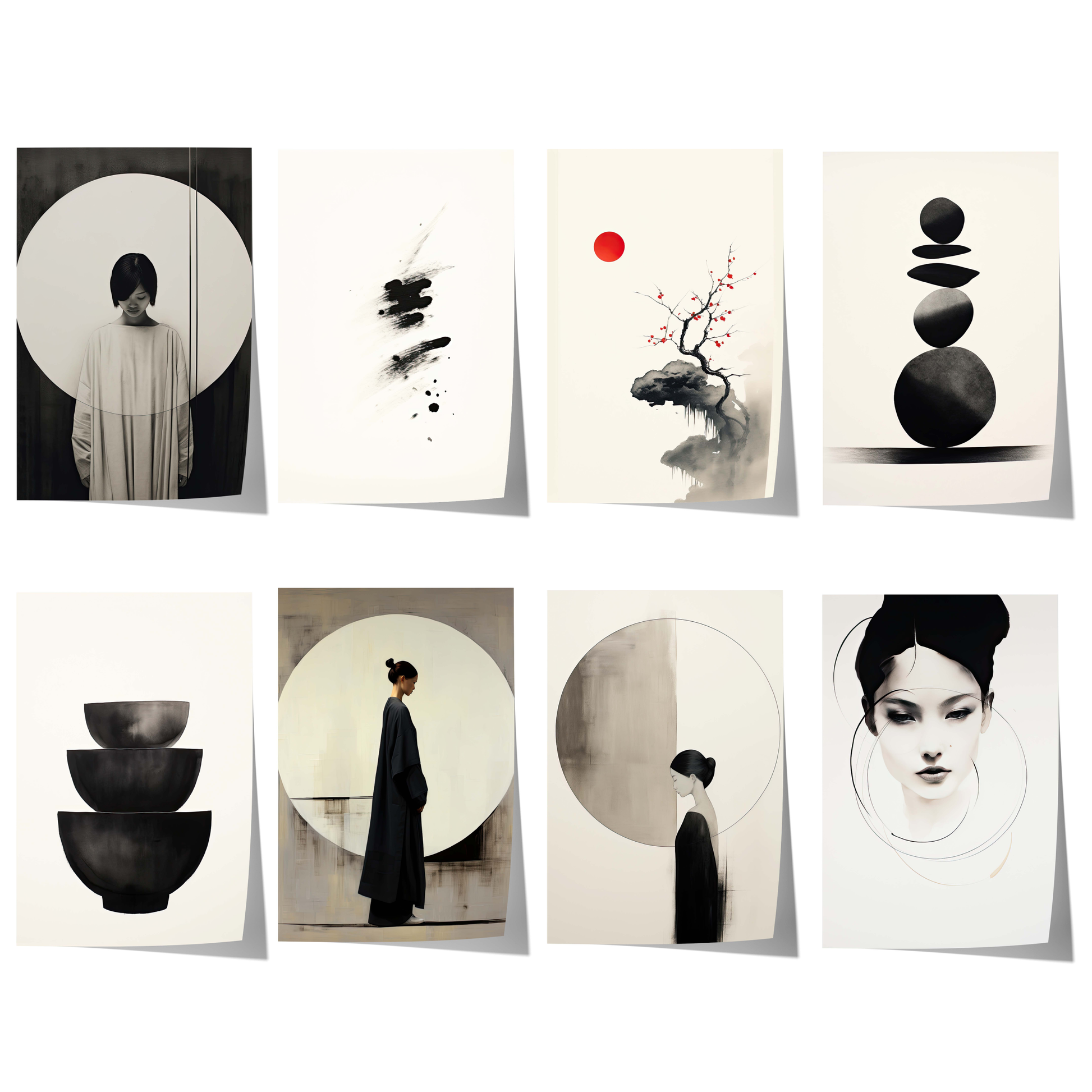 Modernes Japan Poster-Set mit Zen-Porträts, Sumi-e-Tusche, Balance-Steinen, minimalistischen Kreisen und Wabi-Sabi-Elementen in Schwarz-Weiß.