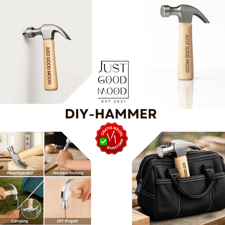 JUSTGOODMOOD Mini Hammer – Stahlhammerkopf & Echtholzgriff · Kompakt & Robust · Für DIY, Camping, Hausreparaturen · 165 mm - justgoodmood