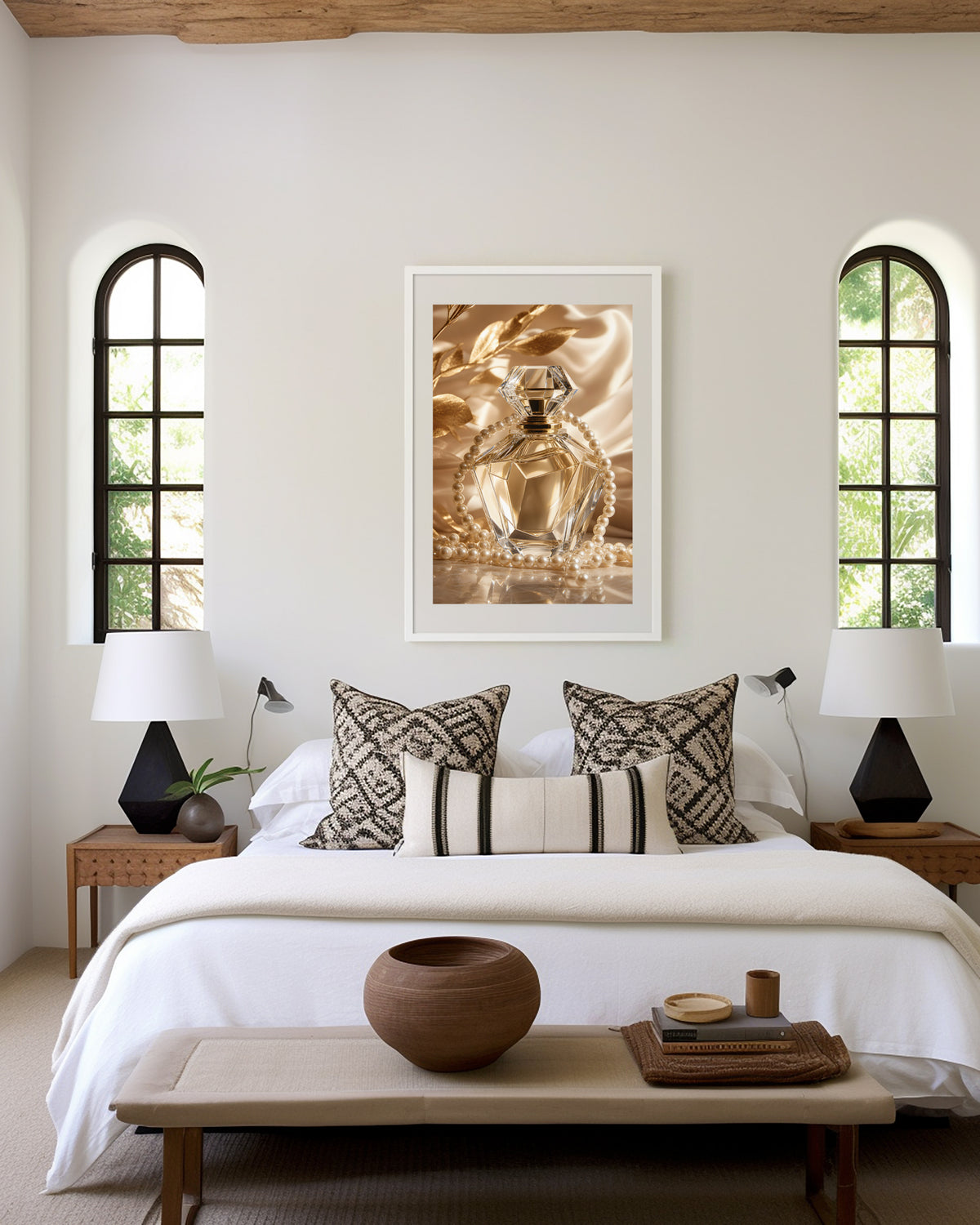 Motiv mit einem goldfarbenen Kristall-Parfumflakon mit Perlenkette auf Satin, als gerahmtes Poster in den Händen einer Frau.