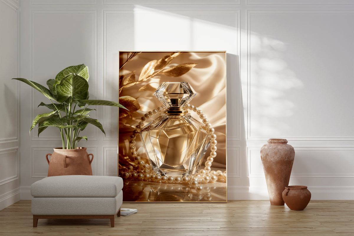 Motiv mit einem goldfarbenen Kristall-Parfumflakon mit Perlenkette auf Satin, als gerahmtes Poster neben Sessel und Zimmerpflanze.