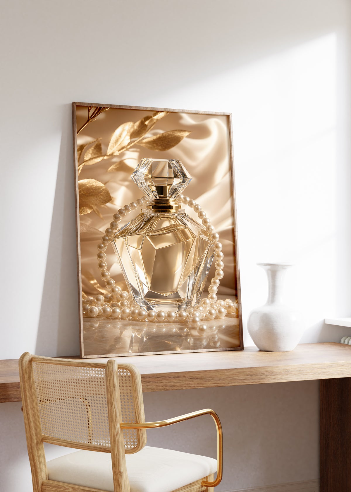 Gerahmtes Poster mit einem goldfarbenen Kristall-Parfumflakon mit Perlenkette auf Satin, auf einem Holztisch neben einer weißen Vase.