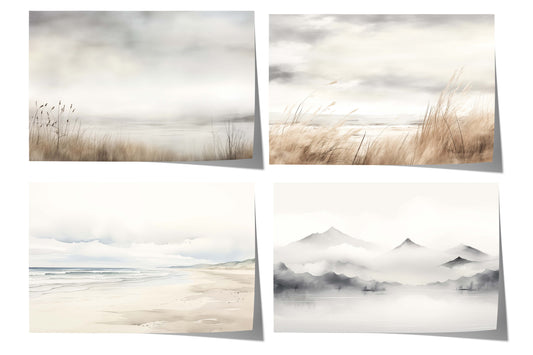Landschaftsposter mit Stranddünen, sanfter Küstenlinie, ruhigem Meer und nebelverhangenen Bergen in natürlicher Aquarelloptik.