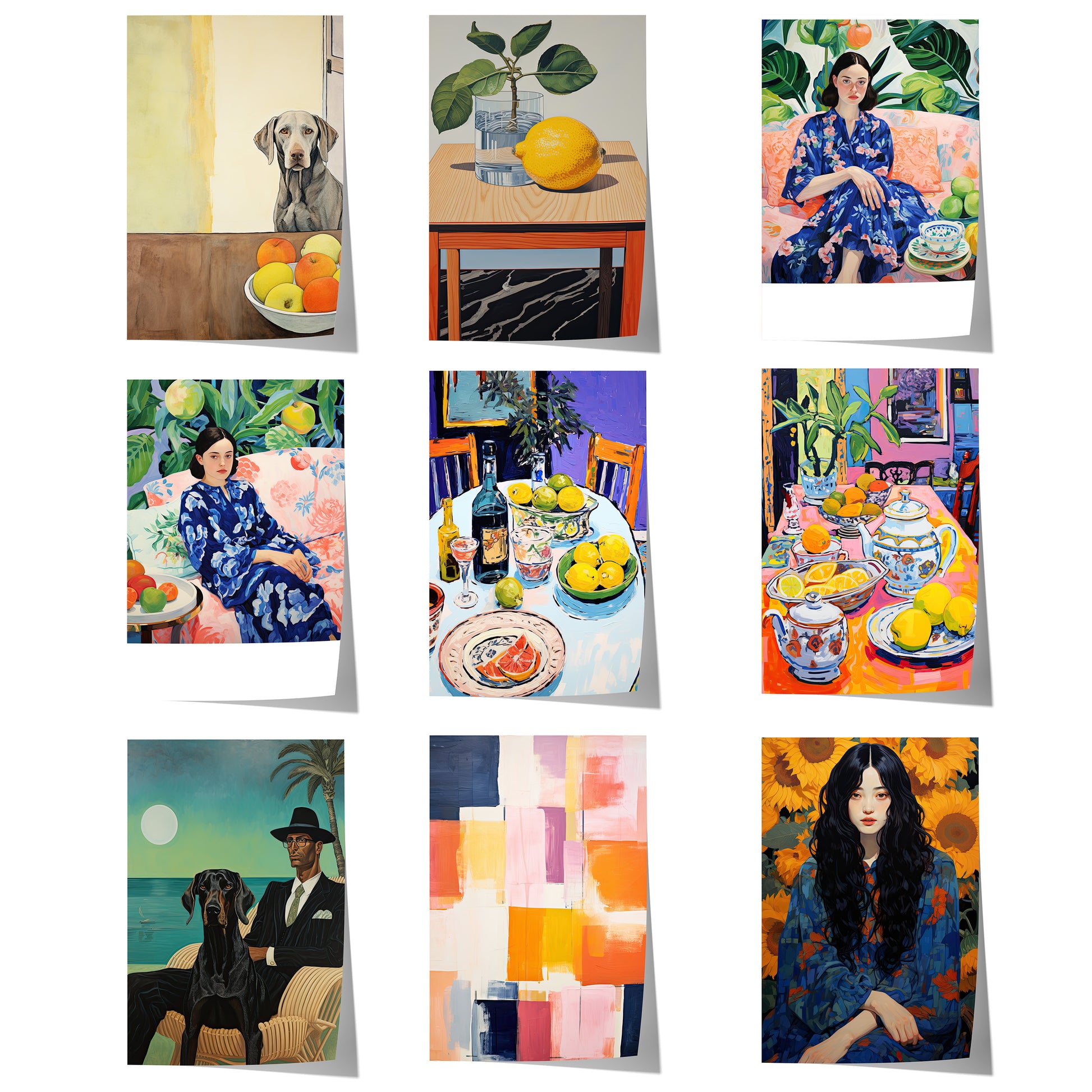 Modernes Kunstposter mit ausdrucksstarken Porträts, Stillleben mit Zitronen und Obst, Hunden, botanischen Szenen sowie abstrakter geometrischer Kunst.