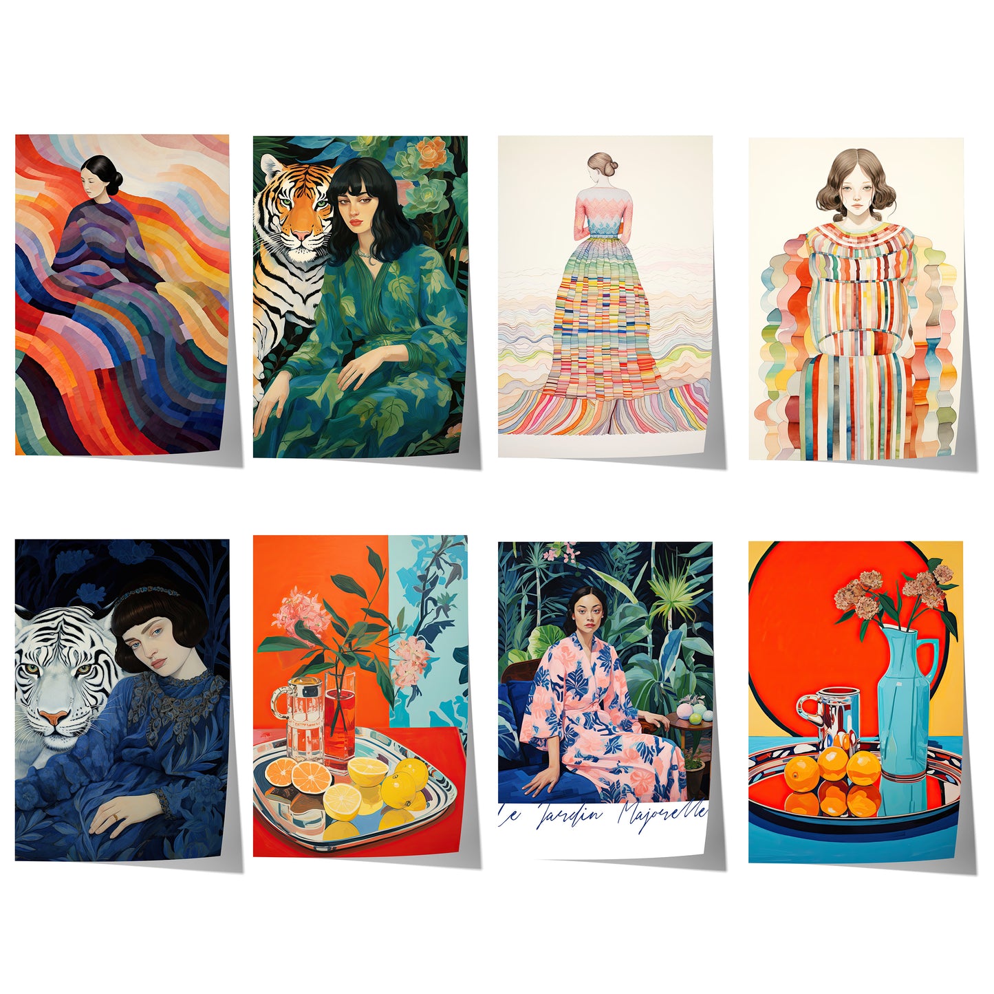 Kunstposter mit modernen Porträts, stilvollen Stillleben, farbenfrohen Illustrationen und dekorativen Szenen in kräftigen, lebendigen Farben.