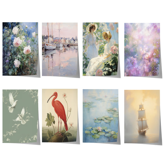 Übersicht der acht Postermotive: Rosen, Hafen, Frauen im Garten, Pastellblumen, weiße Tauben, roter Ibis, Seerosen und Segelschiff.