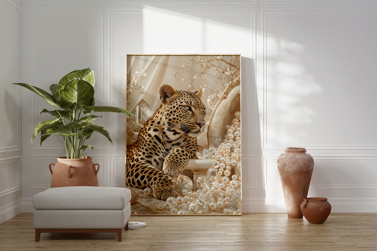 Motiv mit einem Leoparden zwischen cremefarbenen Perlen und goldenen Zweigen, als gerahmtes Poster neben Sessel und Zimmerpflanze.