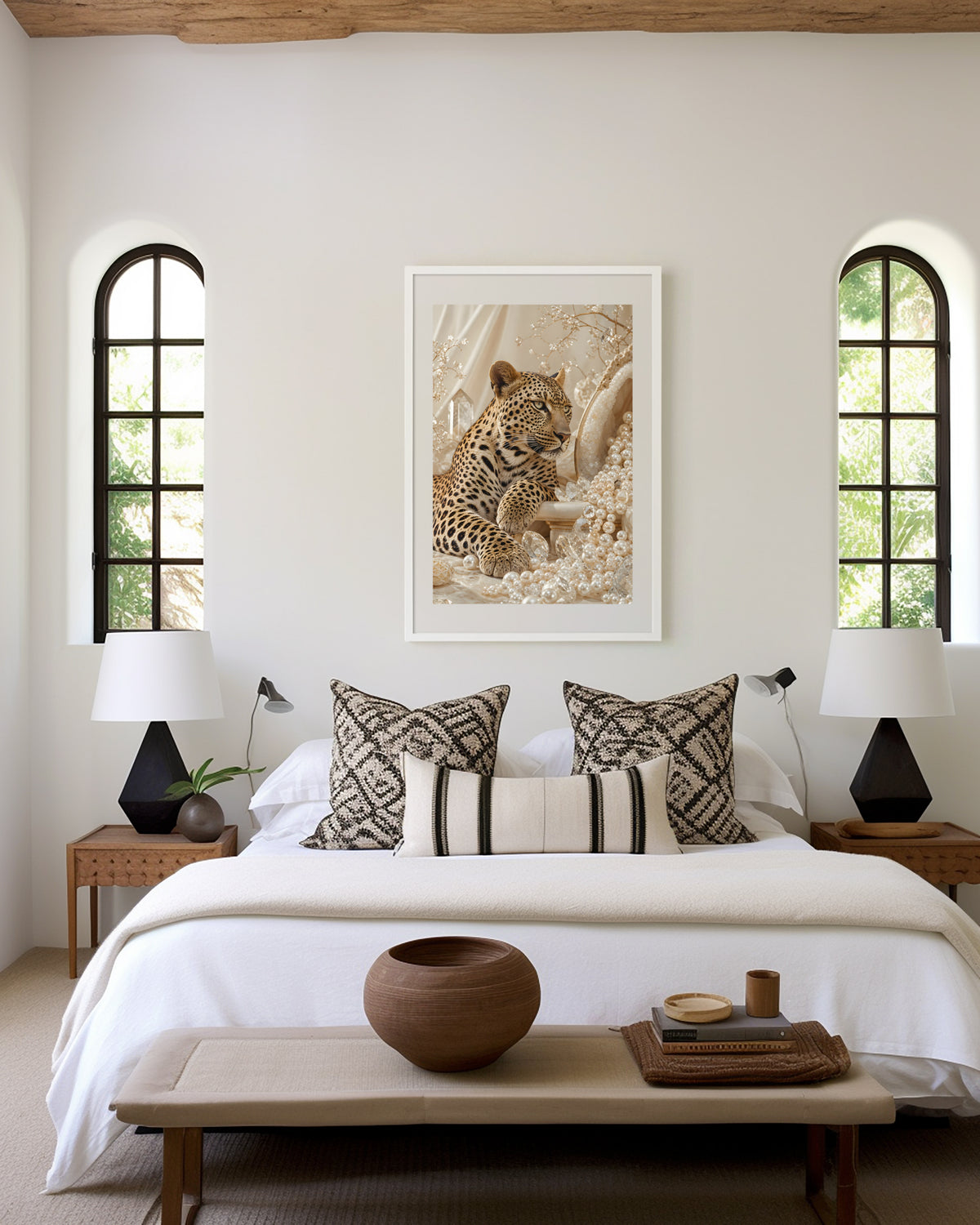Motiv mit einem Leoparden zwischen cremefarbenen Perlen und goldenen Zweigen, als gerahmtes Poster in den Händen einer Frau.