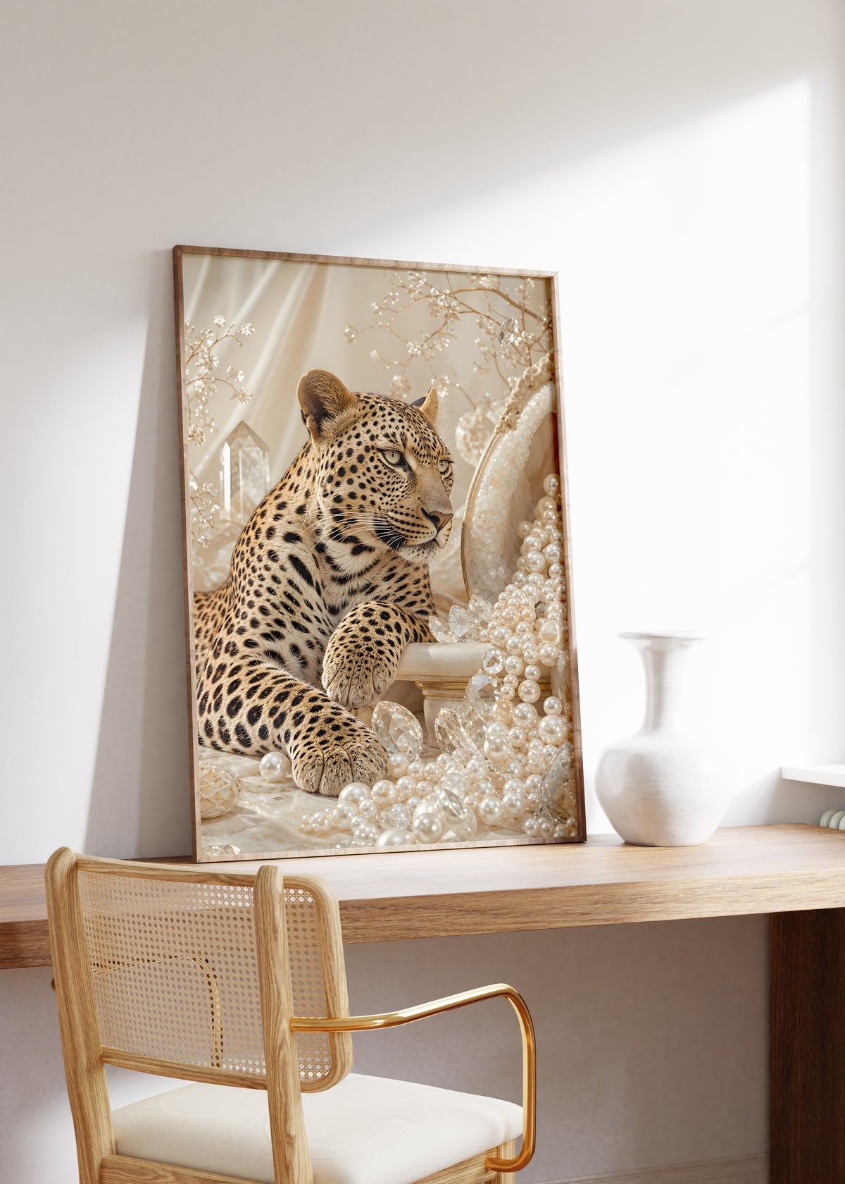 Gerahmtes Poster mit einem Leoparden zwischen cremefarbenen Perlen und goldenen Zweigen, auf einem Holztisch neben einer weißen Vase.