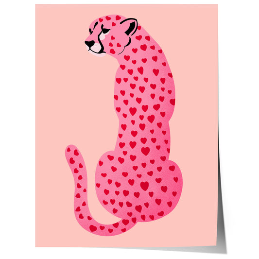 pink leopard illustration with heart pattern modern aesthetic animal poster