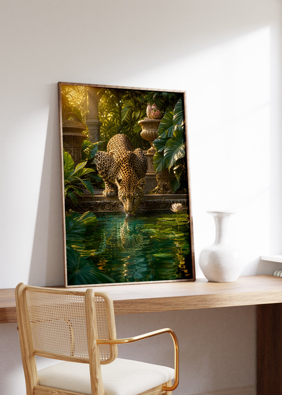 Gerahmtes Poster mit einem trinkenden Leoparden an einem Teich mit tropischen Pflanzen, auf einem Holztisch neben einer weißen Vase.