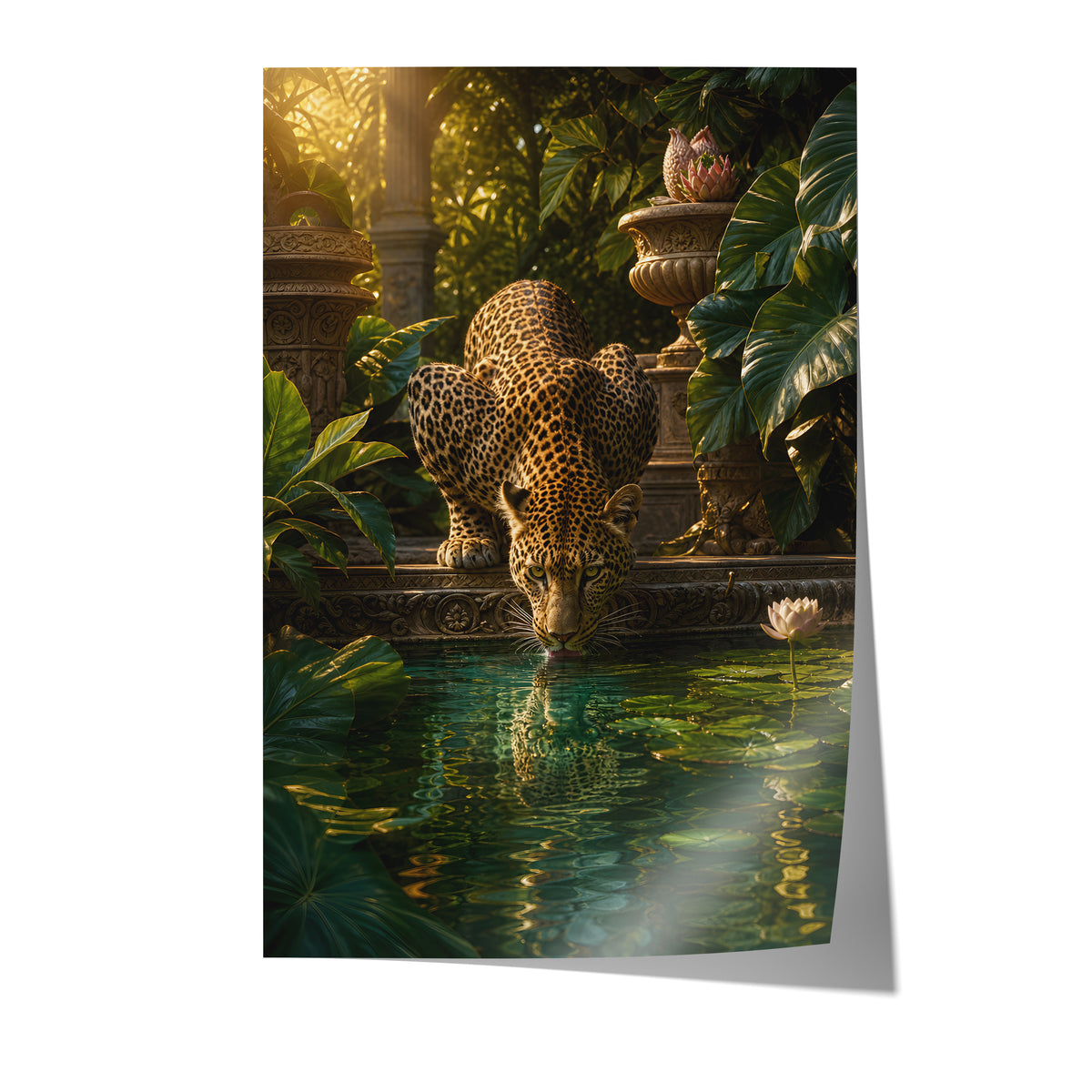 Poster mit einem trinkenden Leoparden an einem Teich mit tropischen Pflanzen auf weißem Hintergrund.