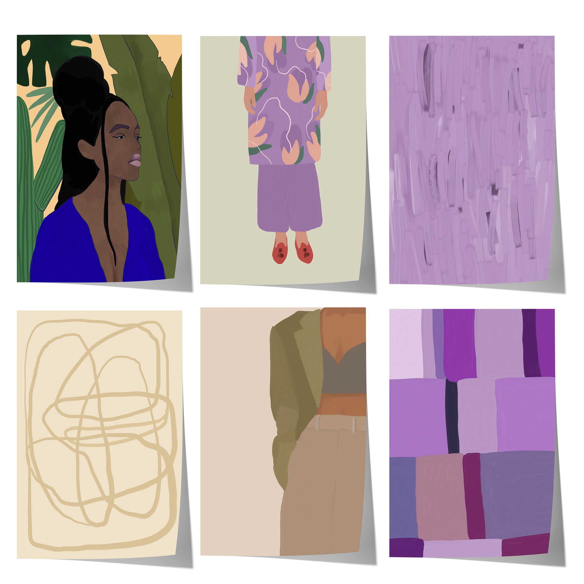 Lila abstrakte Kunst mit Frauenporträt, floraler Kleidung, minimalistischer Line Art und geometrischen Farbflächen in Violett- und Beigetönen.