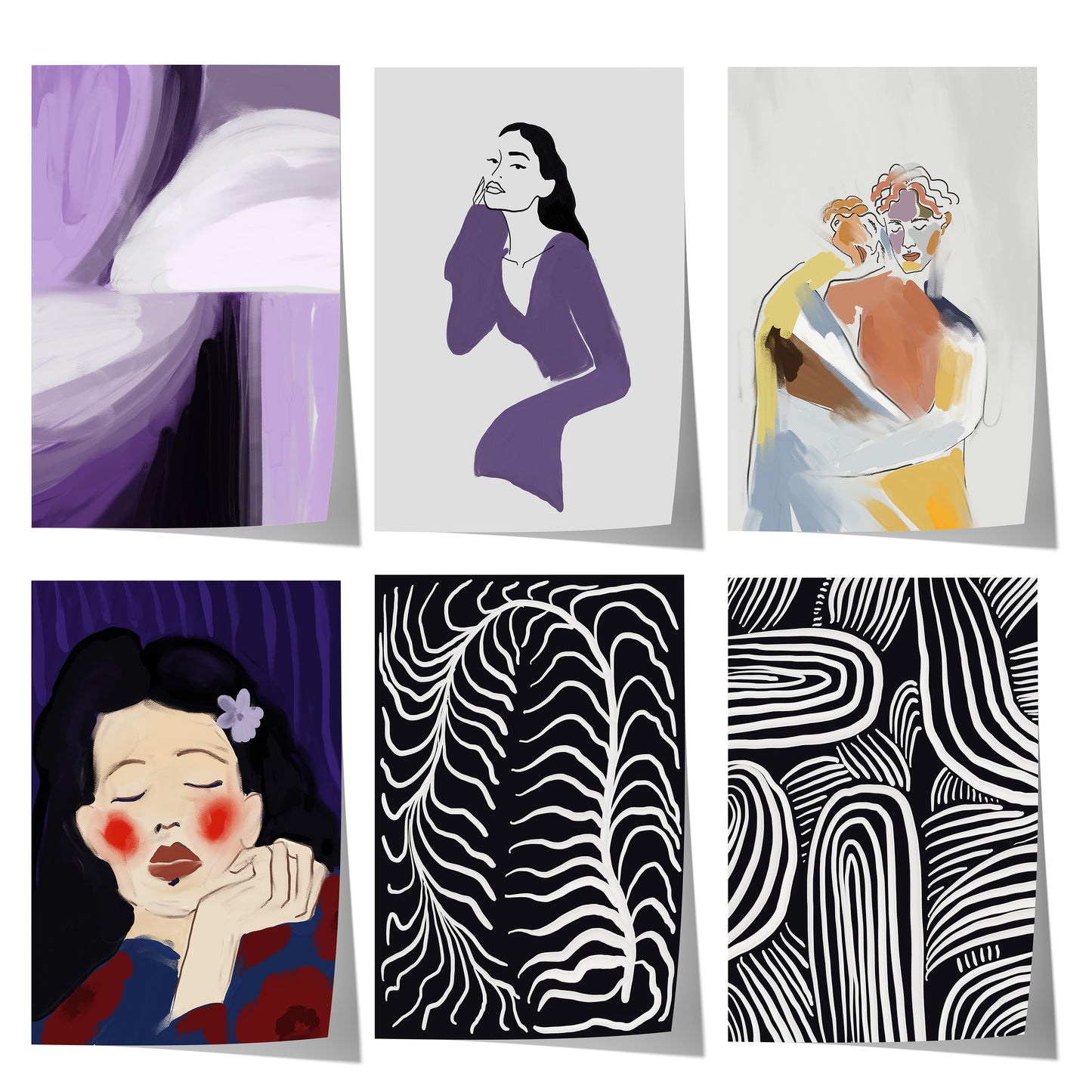 Abstrakte Frauenkunst mit lila Porträts, weiblichen Figuren und moderner Schwarz-Weiß Linienkunst.