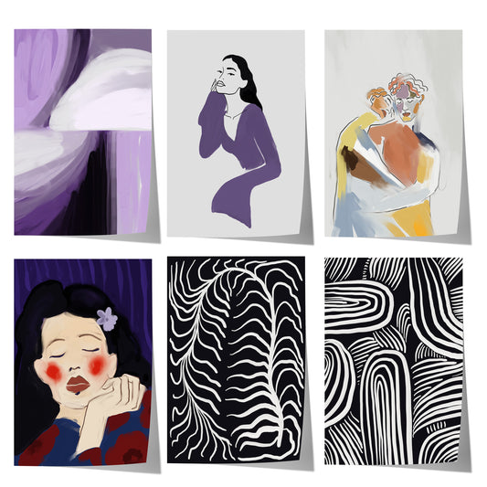 Abstrakte Frauenkunst mit lila Porträts, weiblichen Figuren und moderner Schwarz-Weiß Linienkunst.
