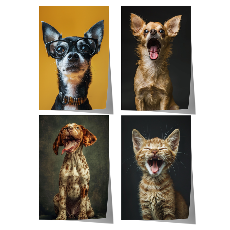 Vier humorvolle Tierposter mit einem Chihuahua mit Brille, zwei lachenden Hunden und einer lachenden orangefarbenen Katze.