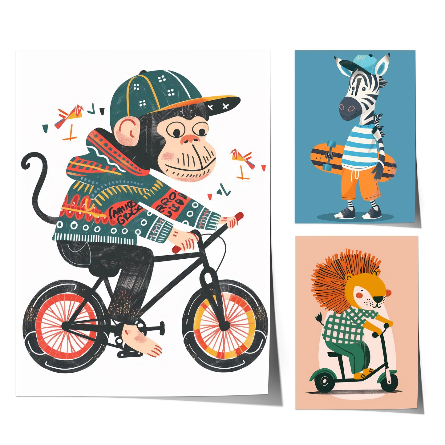 Lustige Tierwelt Poster Kinderzimmer · Geschenkidee für Kinder · Radfahrender Affe · E - Scooter Spaß ·Stylisches Zebra·Deko Print ohne Rahmen - justgoodmood