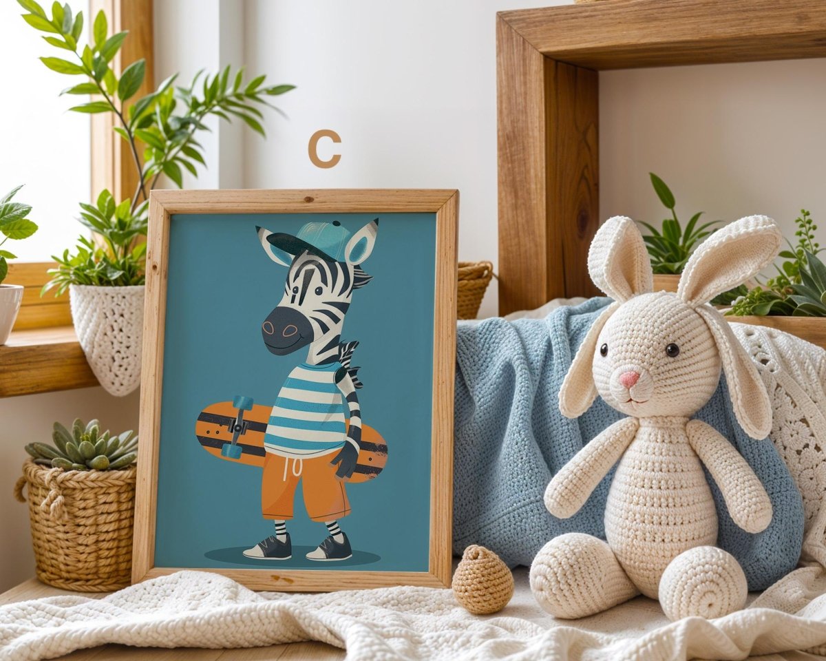 Lustige Tierwelt Poster Kinderzimmer · Geschenkidee für Kinder · Radfahrender Affe · E - Scooter Spaß ·Stylisches Zebra·Deko Print ohne Rahmen - justgoodmood