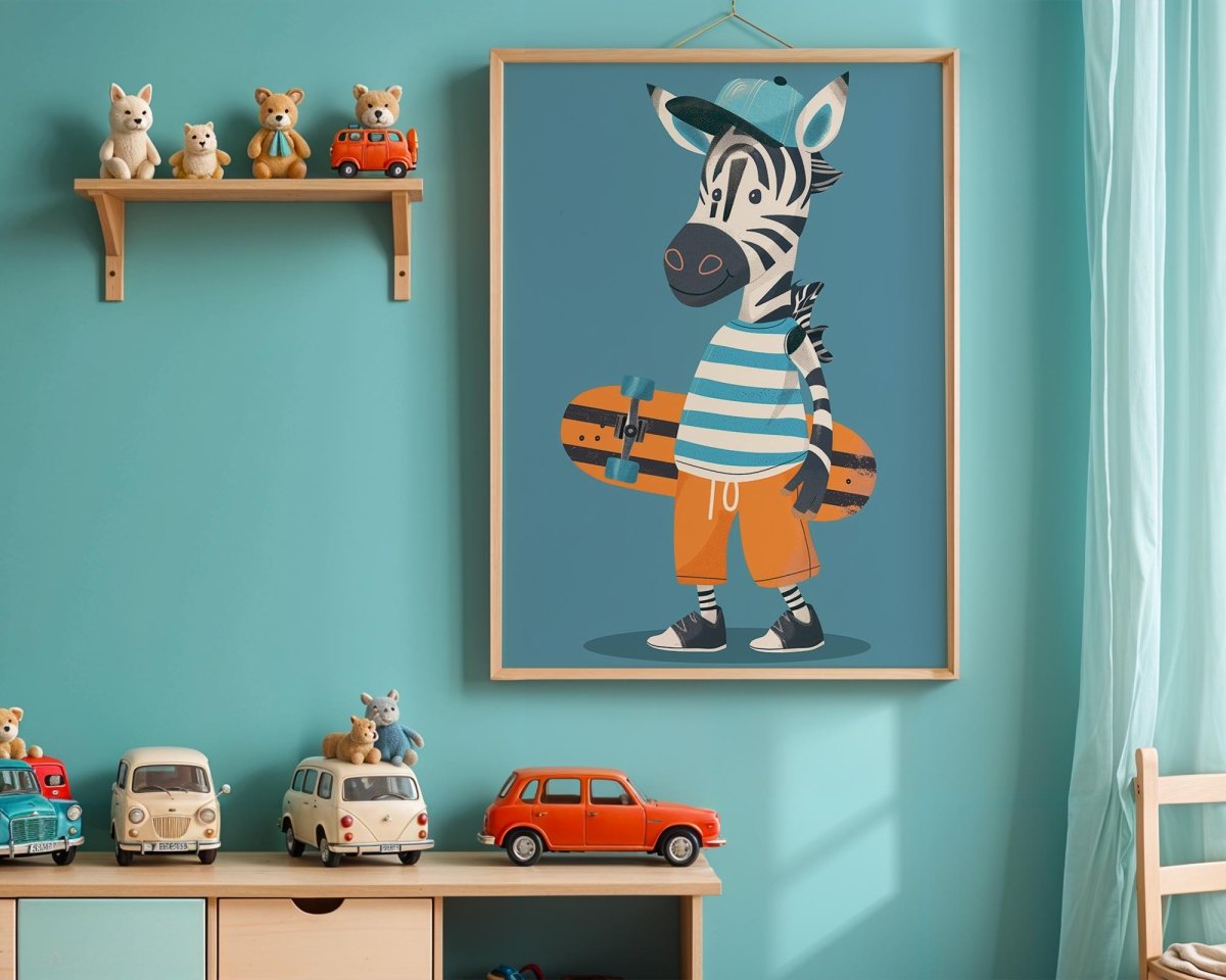 Lustige Tierwelt Poster Kinderzimmer · Geschenkidee für Kinder · Radfahrender Affe · E - Scooter Spaß ·Stylisches Zebra·Deko Print ohne Rahmen - justgoodmood
