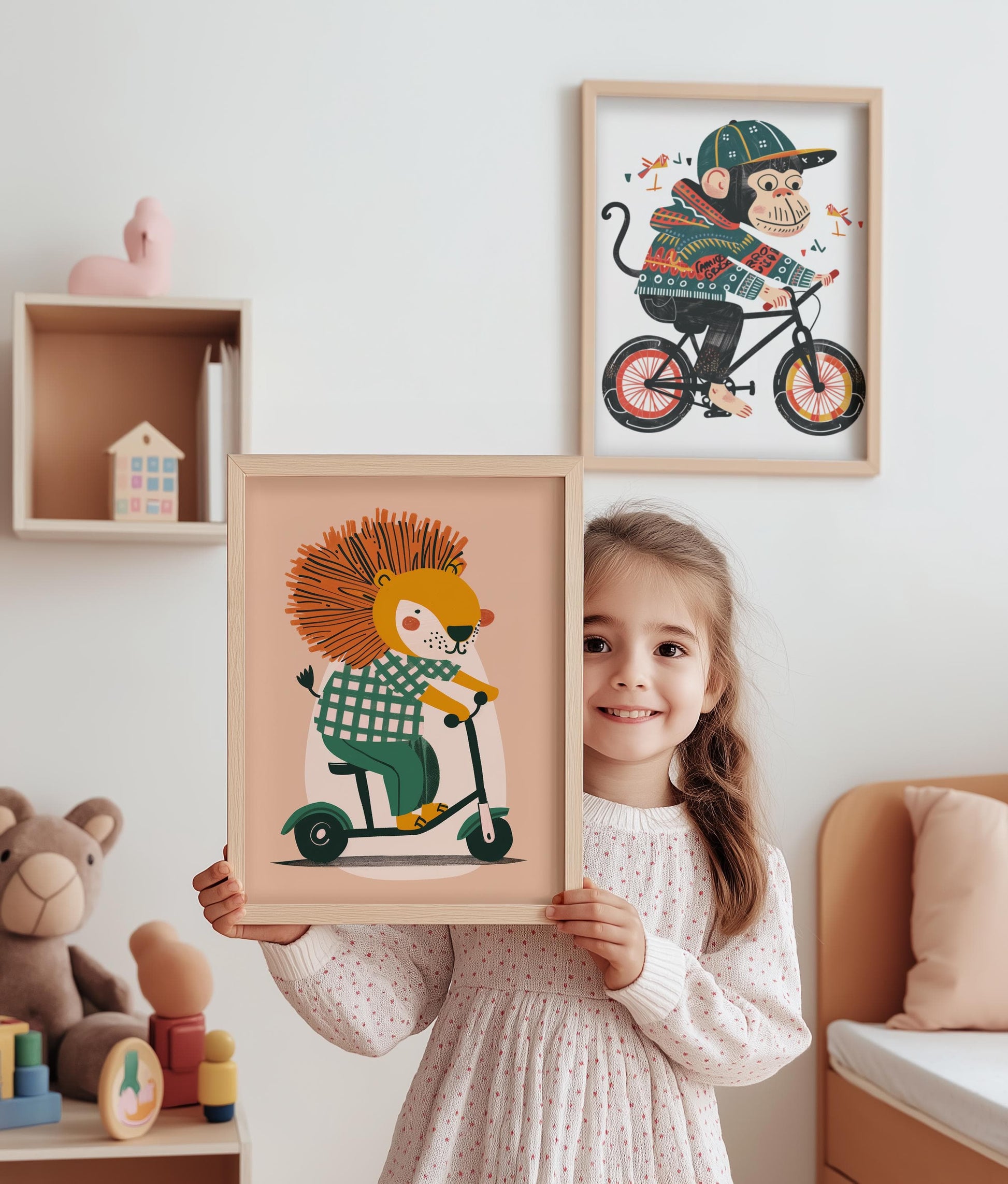 Lustige Tierwelt Poster Kinderzimmer · Geschenkidee für Kinder · Radfahrender Affe · E - Scooter Spaß ·Stylisches Zebra·Deko Print ohne Rahmen - justgoodmood