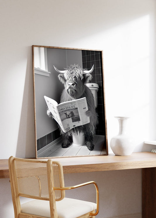 Lustiges Kuh WC Poster · Die Kuh und ihre Zeitungspause · Entspannung auf der Toilette · Wand Dekoration · ohne Rahmen - justgoodmood
