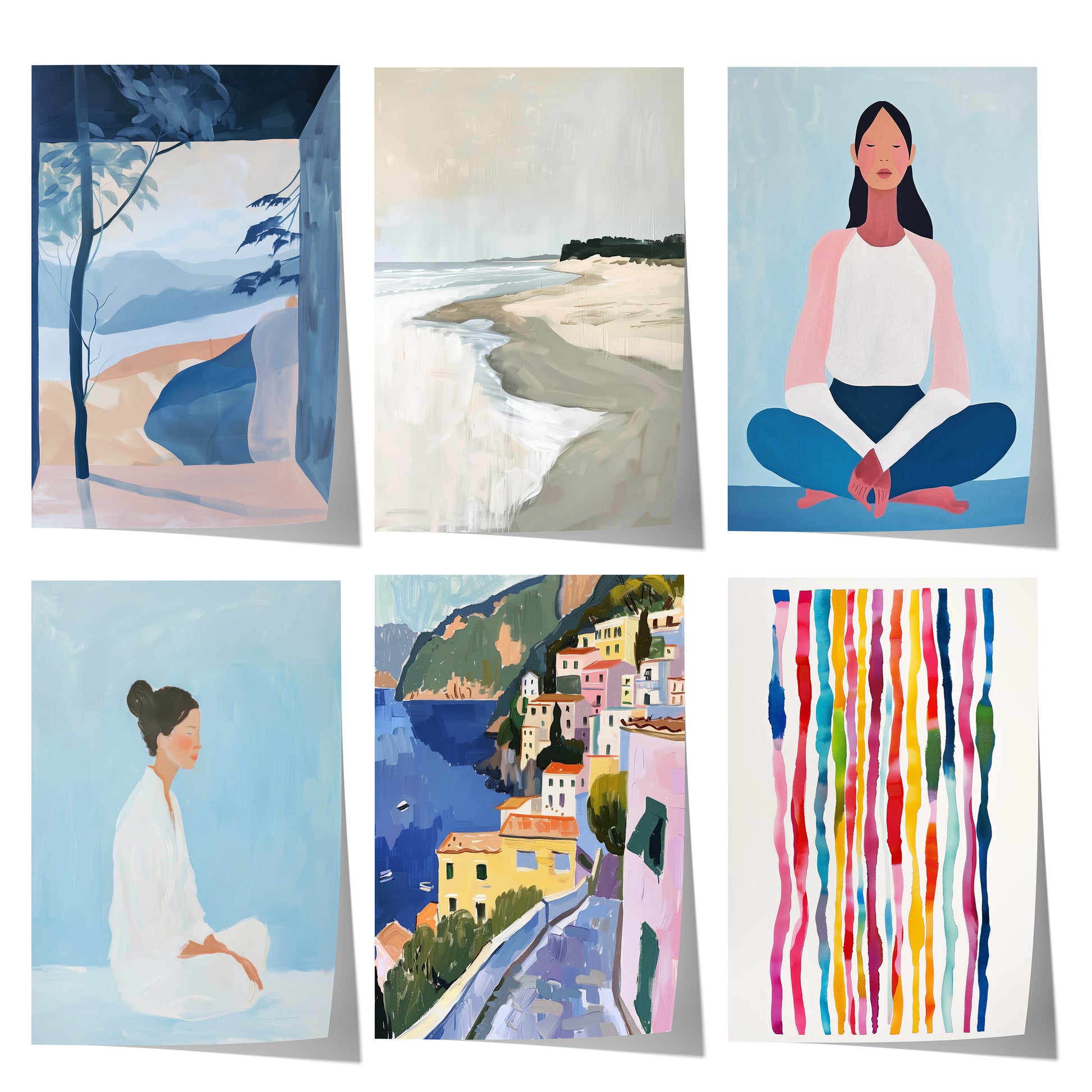Meditative Frauenfiguren, ruhige Küstenlandschaften, mediterrane Dörfer und abstrakte Farbstreifen in sanften Blau-, Rosa- und Pastelltönen.