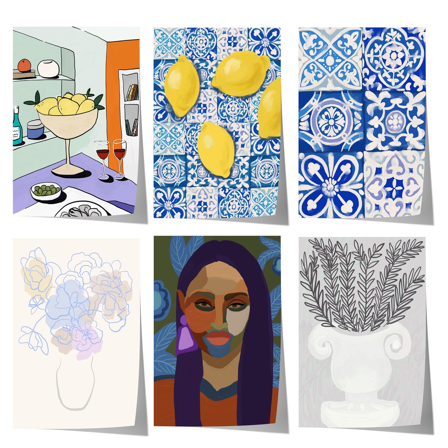 Mediterrane Kunst mit gelben Zitronen, blauen Fliesen, floralen Motiven und dekorativen Pflanzen in einem modernen illustrativen Stil.