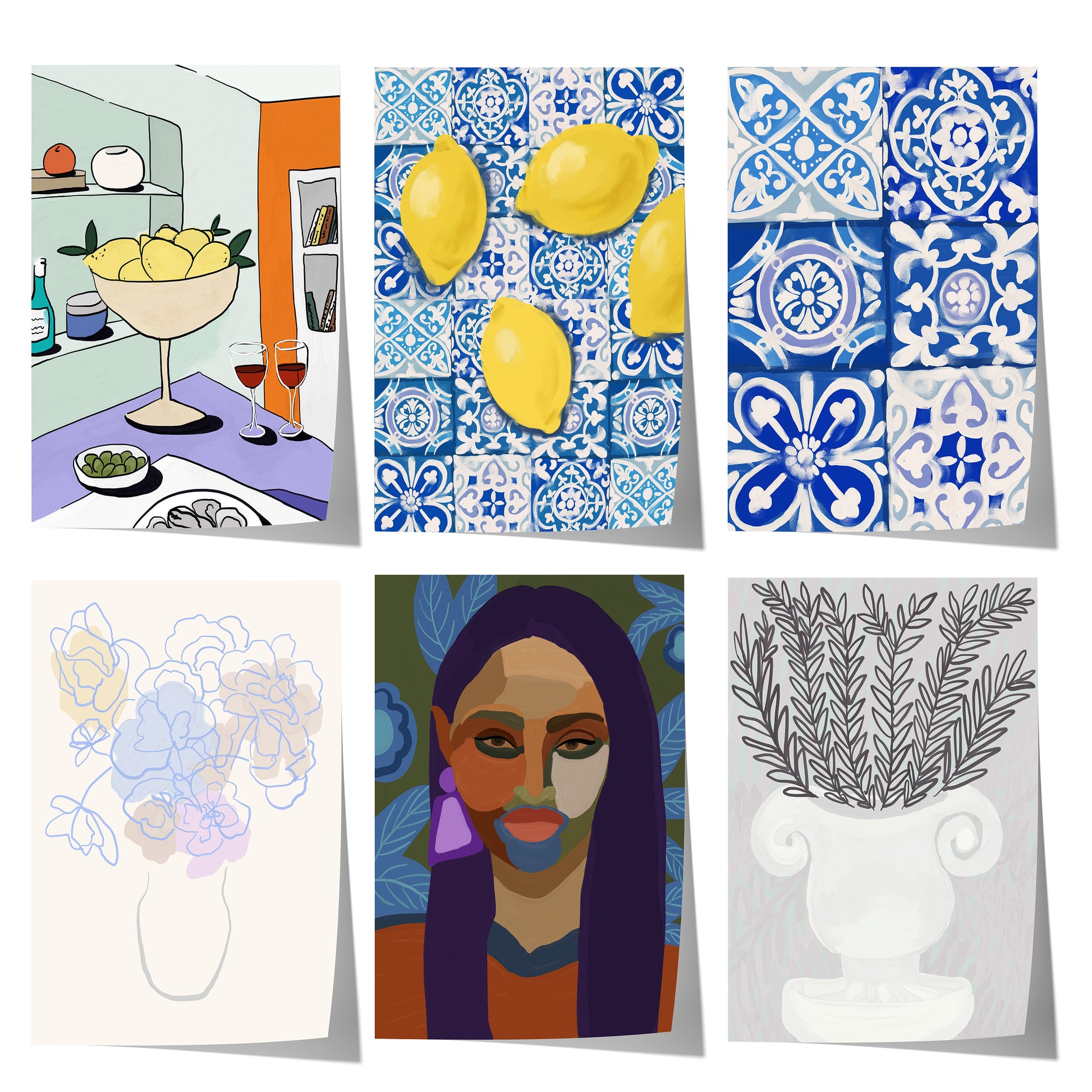 Mediterrane Kunst mit gelben Zitronen, blauen Fliesen, floralen Motiven und dekorativen Pflanzen in einem modernen illustrativen Stil.