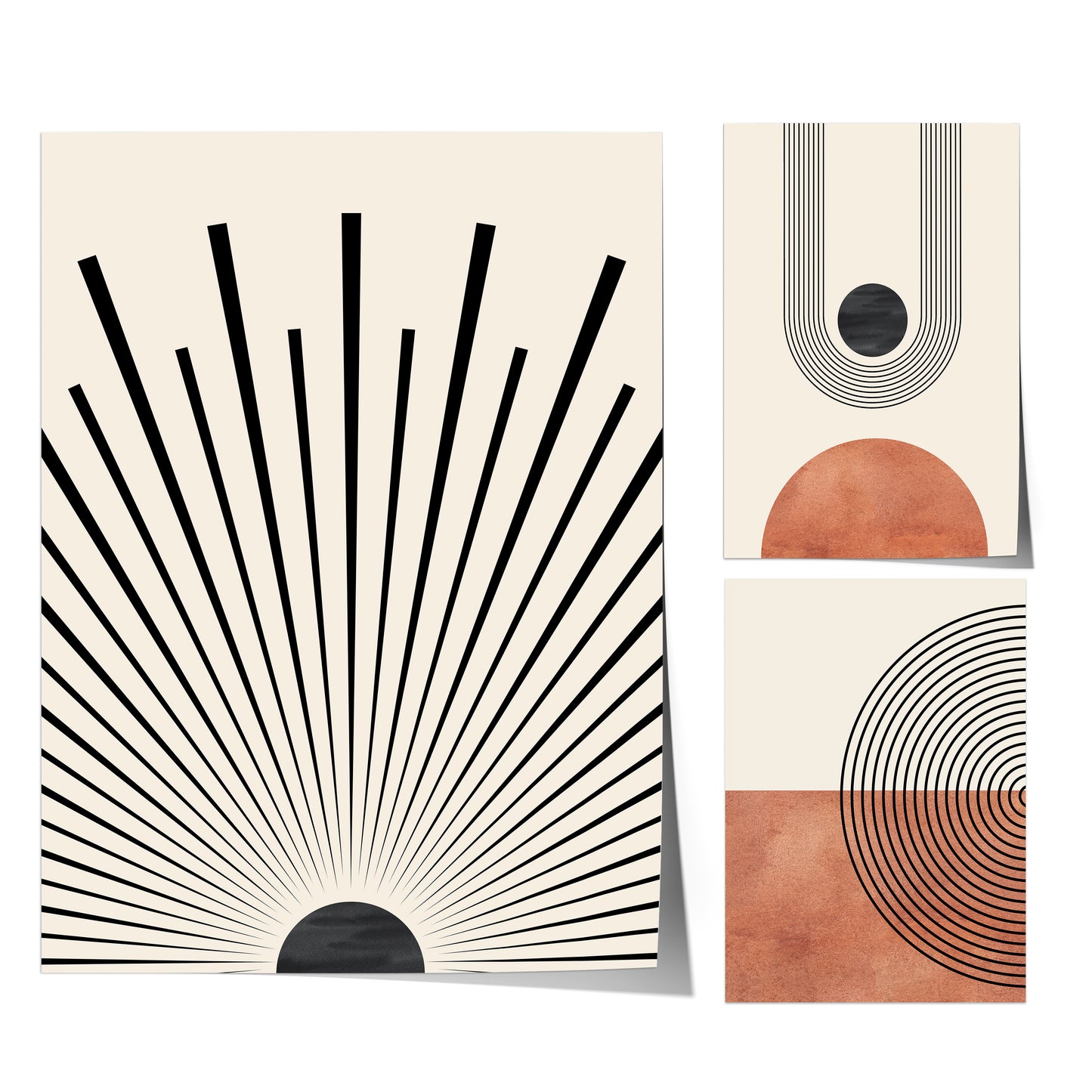 Poster Mid Century Moderne Wandkunst Dekoration I Boho Stil I Orange I Schwarze Sonnenstrahlen I Kunstdruck I Deko Print ohne Rahmen