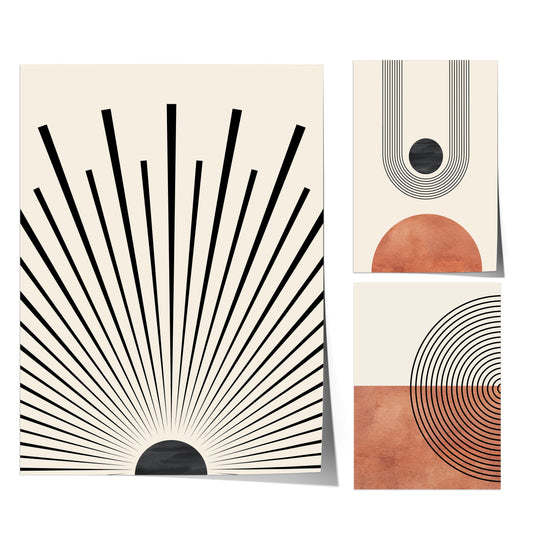 Poster Mid Century Moderne Wandkunst Dekoration I Boho Stil I Orange I Schwarze Sonnenstrahlen I Kunstdruck I Deko Print ohne Rahmen