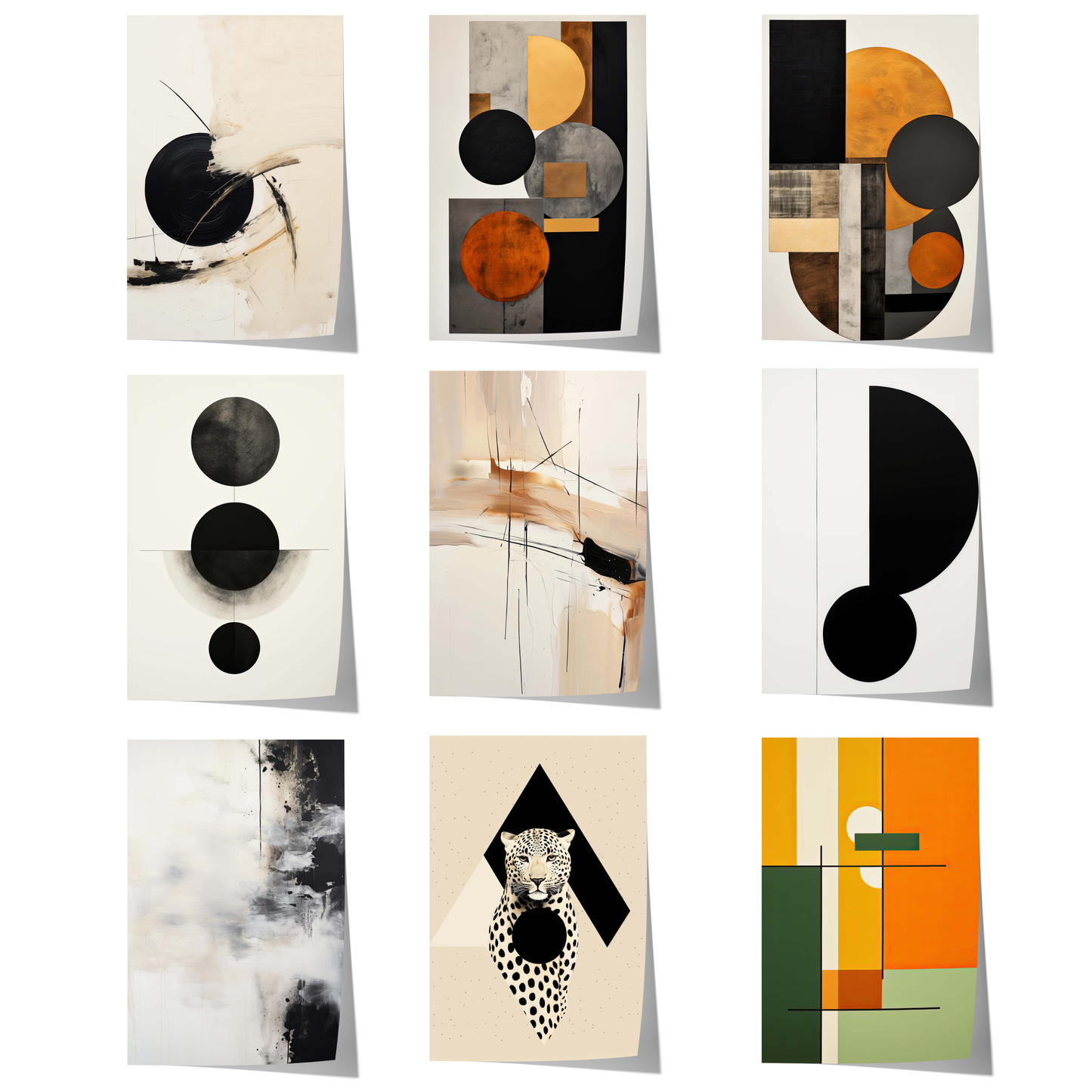 Moderne abstrakte Poster mit geometrischen Formen, minimalistischen Kompositionen, monochromen Strukturen und eleganter Schwarz-Beige-Wandkunst.