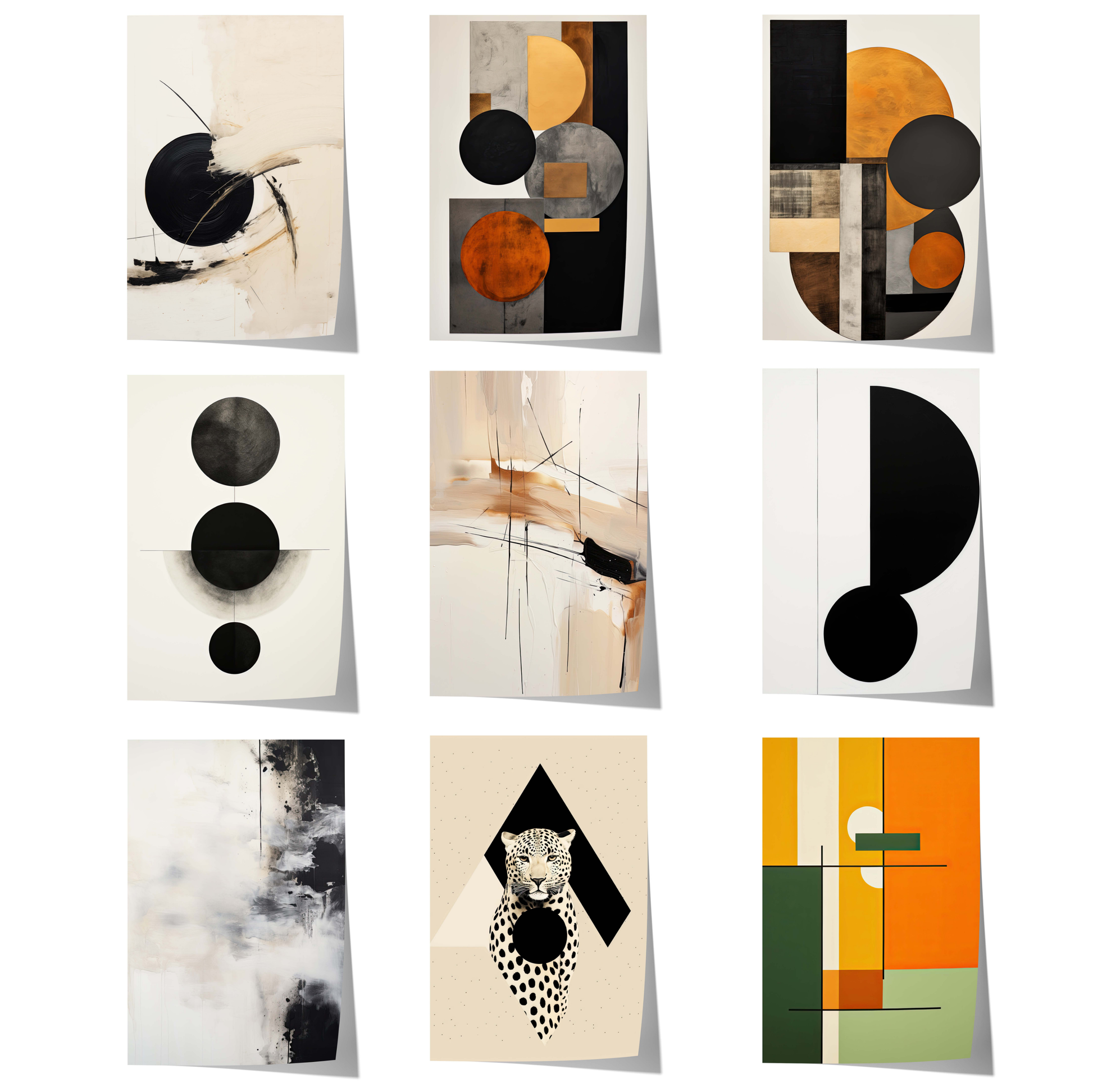 Moderne abstrakte Poster mit geometrischen Formen, minimalistischen Kompositionen, monochromen Strukturen und eleganter Schwarz-Beige-Wandkunst.