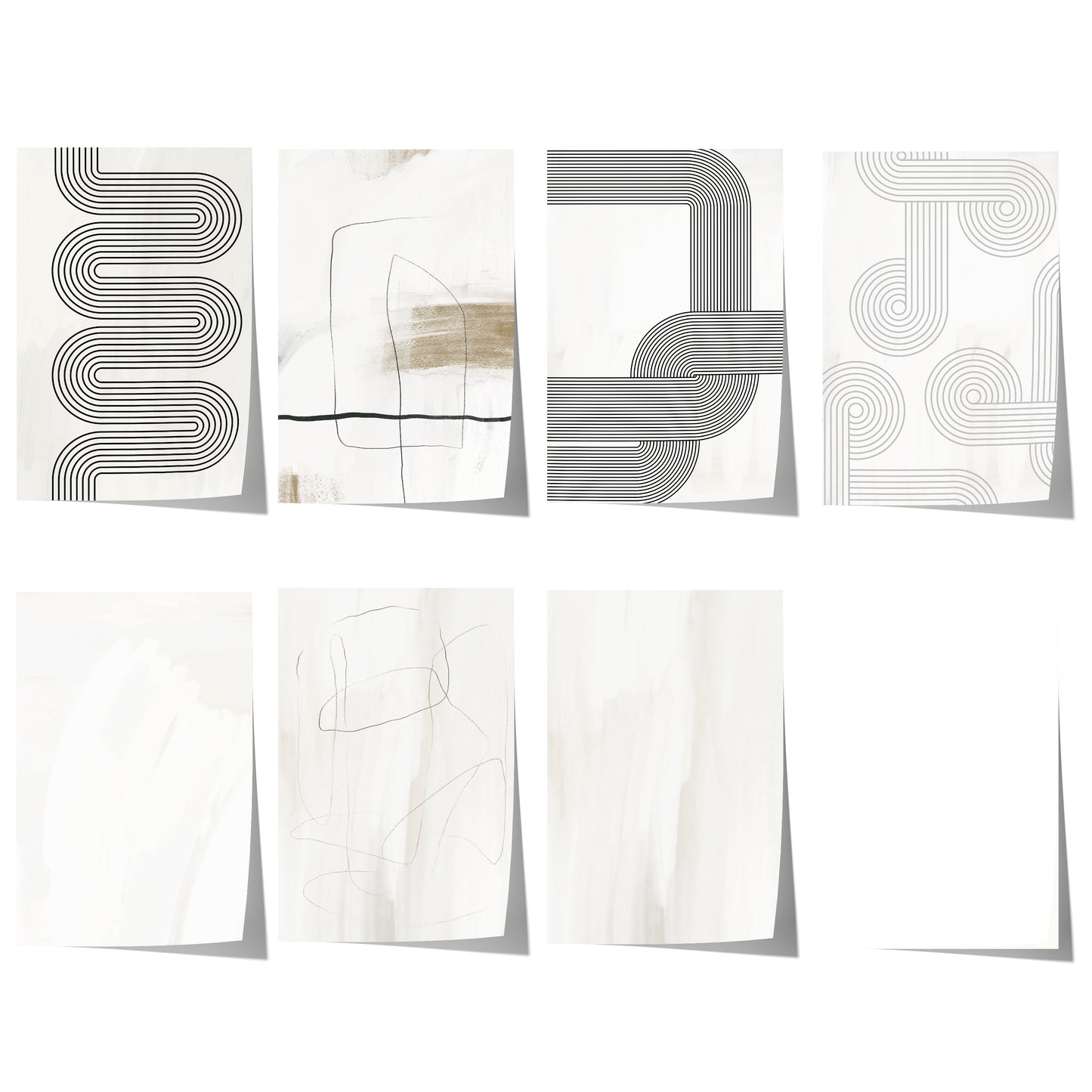 Minimalistische Linienkunst mit abstrakten geometrischen Formen in Schwarz, Grau und Beige, präsentiert als moderne Wanddekoration.