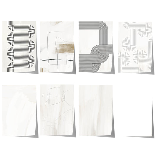Minimalistische Linienkunst mit abstrakten geometrischen Formen in Schwarz, Grau und Beige, präsentiert als moderne Wanddekoration.