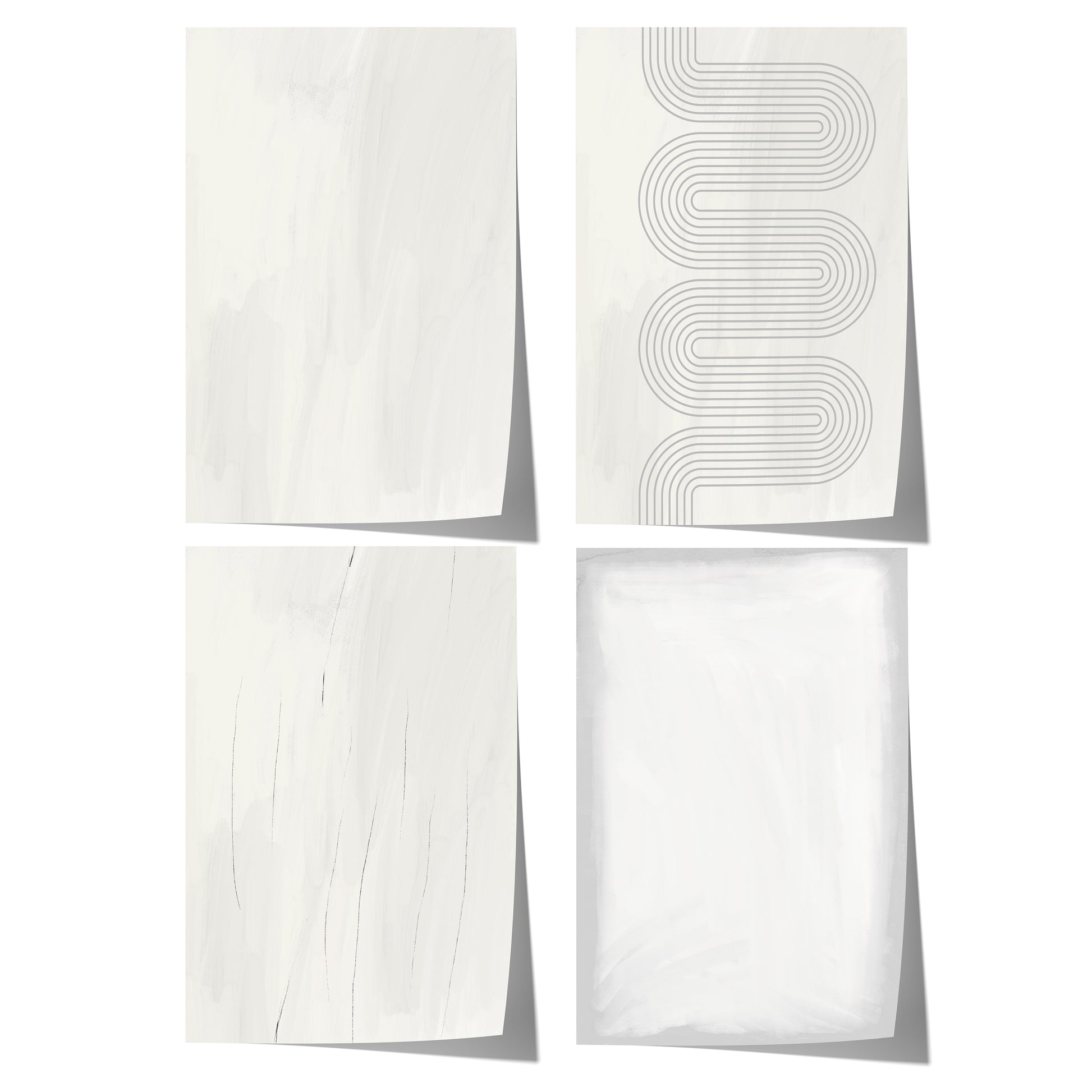 Minimalistisches abstraktes Poster mit feinen grauen Wellenlinien auf weißem Hintergrund und dezenter Struktur.